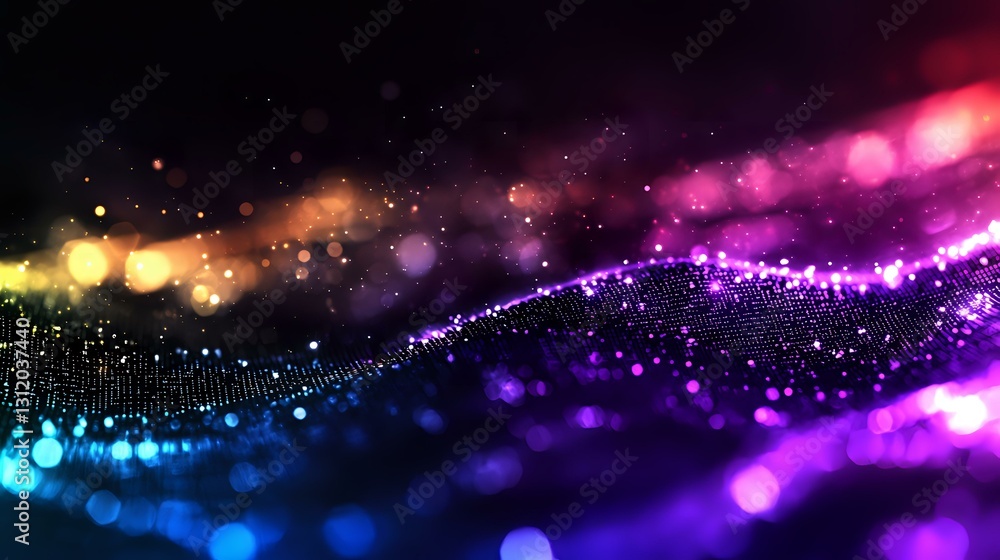 Poster vibrant abstract background with glowing particles and bokeh effect in rainbow colors from blue to p