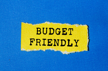 Budget friendly message written on ripped torn yellow paper on blue background. Conceptual budget friendly symbol. Copy space.