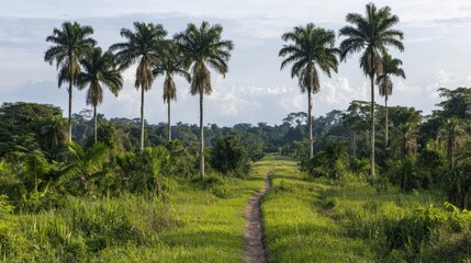 Obraz premium Tropical Path Through Lush Savannah to Forest