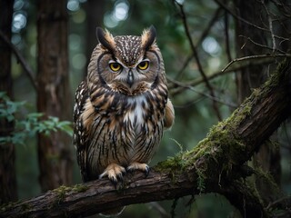 Fototapeta premium Owl Perched on a Branch in the Forest
