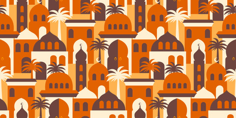 Eid Mubarak, Ramadan Kareem concept middle eastern, islamic city or village scene seamless pattern: Arabic style background