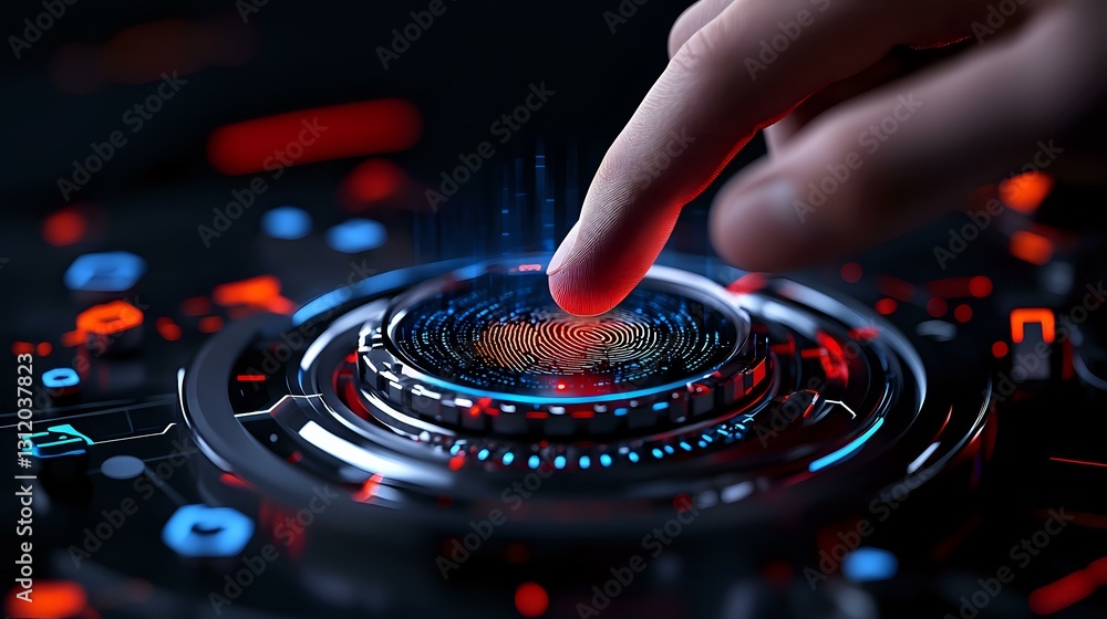 Poster futuristic fingerprint scanner with glowing blue and red circular interface. human finger touching b