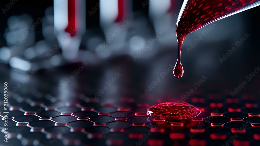 Poster red liquid droplet falling onto hexagonal surface pattern creates dramatic macro photography effect 