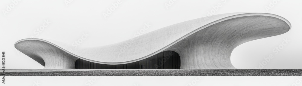 Poster abstract grayscale architectural rendering of a wave like structure. the building features smooth cu