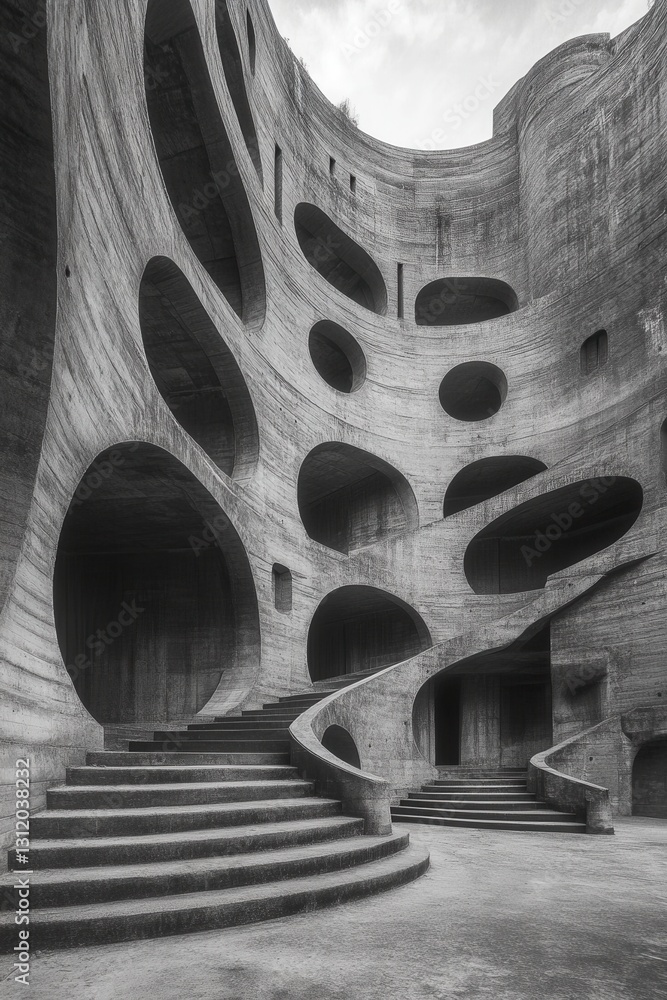 Aufkleber abstract grayscale photograph of a stone structure with numerous openings and a staircase. the organ