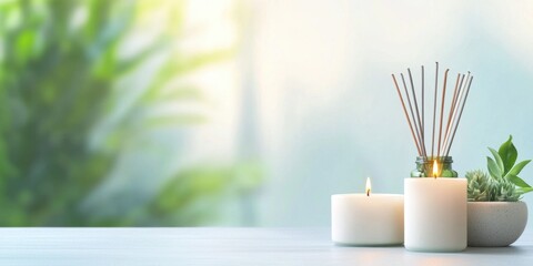 Alternative medicine herbal mindfulness. A serene arrangement of candles and aromatic diffusers surrounded by lush greenery, creating a calming atmosphere.