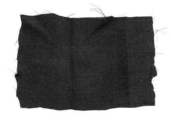 A piece of torn black satin fabric on a white background. Isolate a crumpled piece of fabric