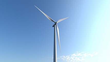 Modern wind turbine against a clear blue sky.  A clean energy source, utilizing wind power to generate electricity.  The image highlights the simplicity and efficiency of wind technology