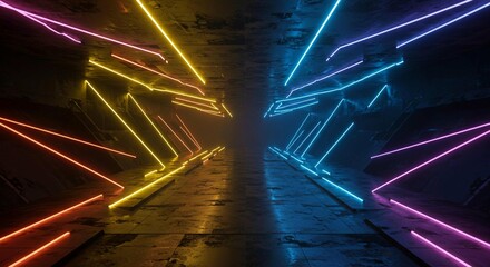 Futuristic Neon Corridor Vibrant Yellow Blue and Pink Glowing Lines in Dark Industrial Setting