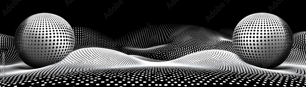 Poster abstract grayscale image featuring two large spheres resting on a pixelated, undulating surface. mon