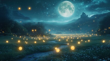 Fototapeta premium Magical night scene with glowing fireflies.