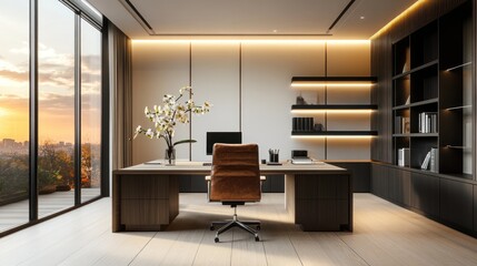 Fototapeta premium Modern executive office with city views, ideal for presentations or work from home