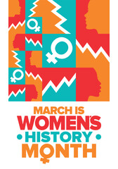 Women's History Month. Celebrated annual in March, to mark women’s contribution to history. Female symbol. Women's rights. Girl power in world. Poster, postcard, banner. Vector illustration