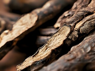 Fototapeta premium Dried tree bark texture in warm brown tones with rough surface and natural wood grain pattern showing organic layers and textures in macro photography.
