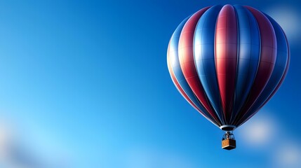 Obraz premium Vibrant red and blue striped hot air balloon soaring through clear blue sky, floating peacefully with soft bokeh effect in background creating dreamy atmosphere.