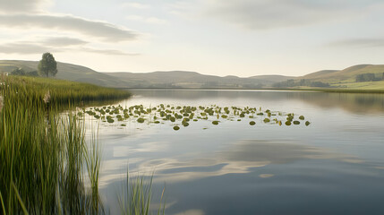 Calm Lake Landscape with Green Vegetation and Distant Hills