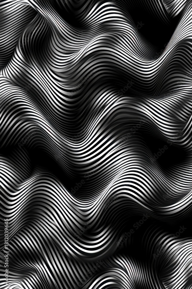 Poster abstract grayscale illustration of undulating, interwoven lines creating a wave like pattern. the mo