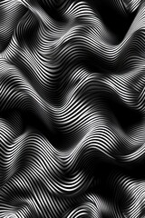 Abstract grayscale illustration of undulating, interwoven lines creating a wave like pattern. The monochrome texture features varying shades of black and white, suggesting depth and movement.