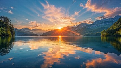 coucher de soleil sur le lac et ses montagnes