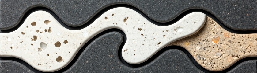 Obraz premium Abstract close up of interlocking puzzle like pieces in off white, beige, and dark gray. The texture is coarse and speckled. 