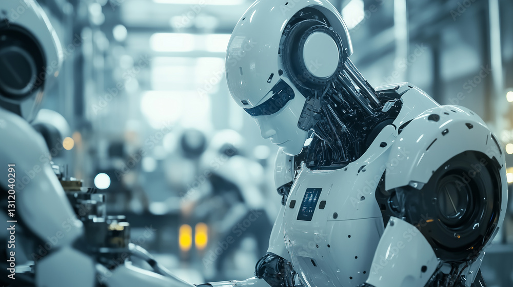 Poster humanoid robot in advanced manufacturing plant. this image represents artificial intelligence, autom