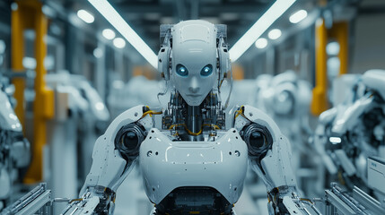 Fototapeta premium Humanoid robot in advanced manufacturing plant. This image represents artificial intelligence, automation and the future of robots in industry and technological advancements.