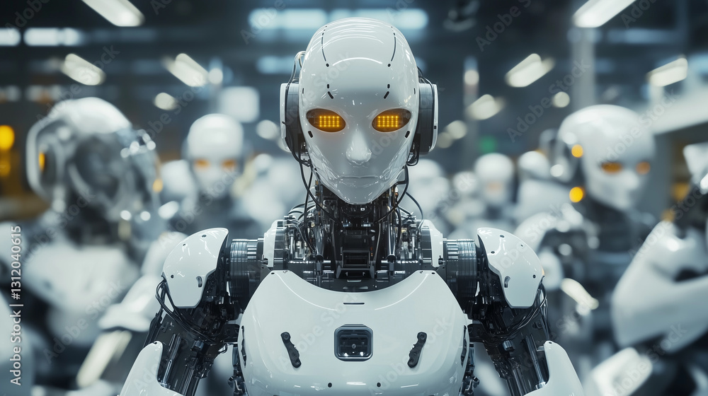 Poster humanoid robot in advanced manufacturing plant. this image represents artificial intelligence, autom