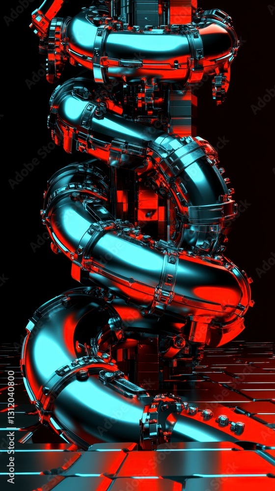Poster abstract metallic sculpture with a red and blue color scheme, featuring a complex, spiraling design 