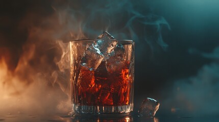 Glass of whiskey with ice cubes against a smoky backdrop, capturing warmth and elegance in rich amber tones
