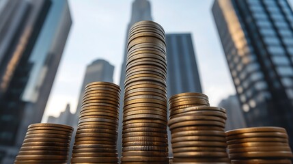 Towering stacks of coins rise dramatically against a city skyline in a low-angle perspective during sunset hours