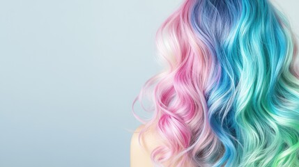 Fototapeta premium Colorful Tresses: A captivating display of cascading, multi-hued locks, featuring a mesmerizing blend of pink, teal, and turquoise shades, against a softly diffused backdrop.