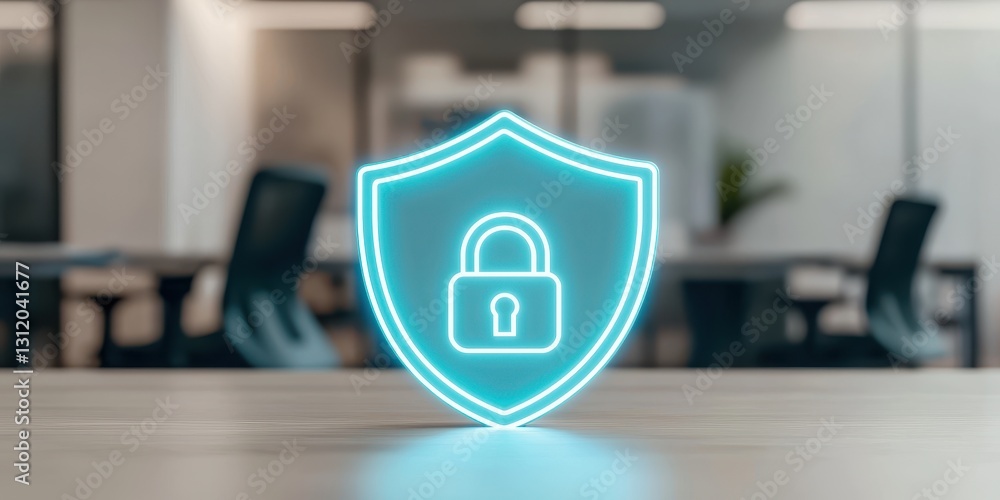 Poster endpoint cyber security defense. digital shield with a padlock symbolizing cybersecurity in an offic