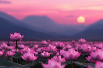 Fototapeta premium A serene landscape filled with vibrant pink lotus flowers under a glowing sunset, surrounded by mountains in a tranquil setting.