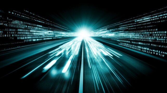 Abstract image of a speeding night road with bright light streaks and digital data patterns. Futuristic, technological feel. Dark background, dynamic composition.