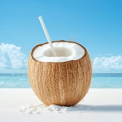 Fototapeta premium Brown Coconut Drink on Sandy Beach with Blue Ocean Background