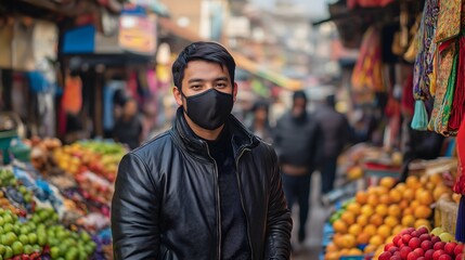 Masked young man in leather jacket weaving through a vibrant market filled with fresh produce during an afternoon in a bustling urban area
