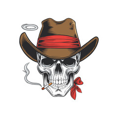 Illustration of a skull in a brown cowboy hat and red bandana, smoking a cigarette