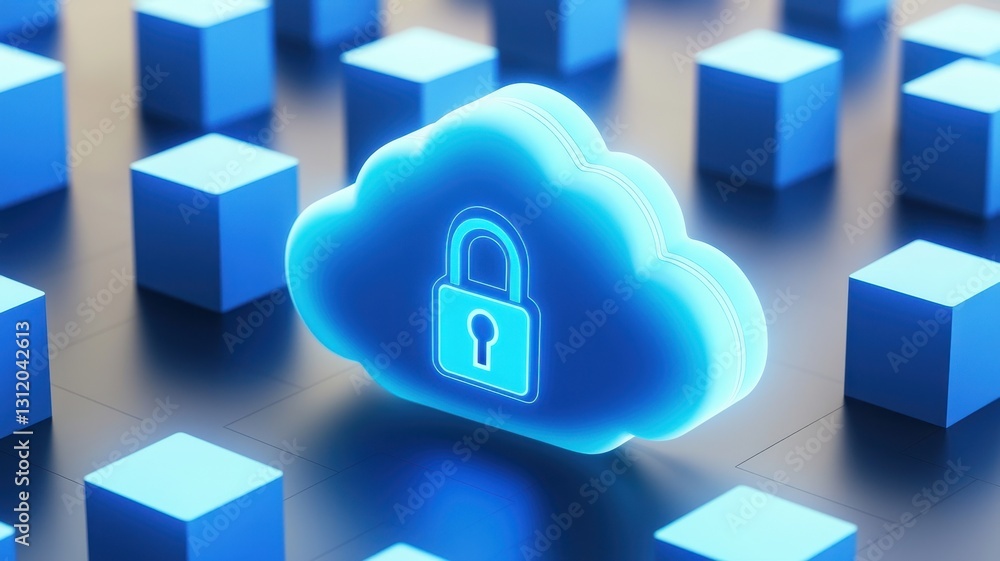 Poster endpoint cyber security defense. digital cloud with a lock symbolizing security amidst blue cubes.