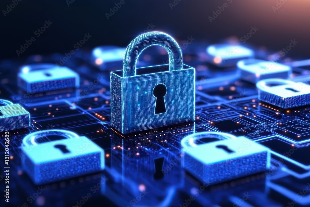 Poster endpoint cyber security defense. digital padlock on a circuit board, symbolizing cybersecurity and d