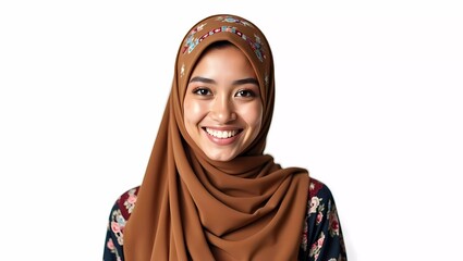 Portrait happy young asian muslim woman standing on isolated white background