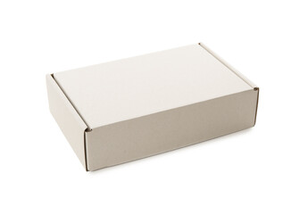 One closed cardboard box isolated on white. Mockup for design