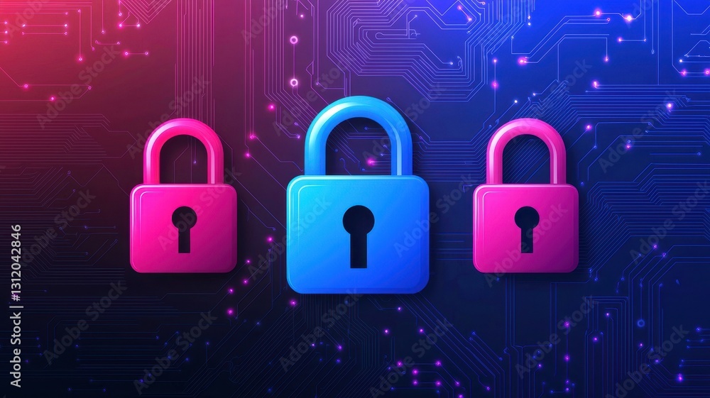 Poster endpoint cyber security defense. colorful digital locks on a circuit board background representing c