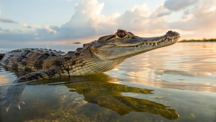 Fototapeta premium a crocodile submerged in water with its head raised, the image taken during sunset hours, with a sky full of soft clouds in background