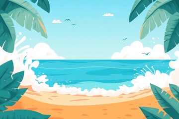 Obraz premium Tranquil Beach Scene with Waves and Tropical Foliage Background