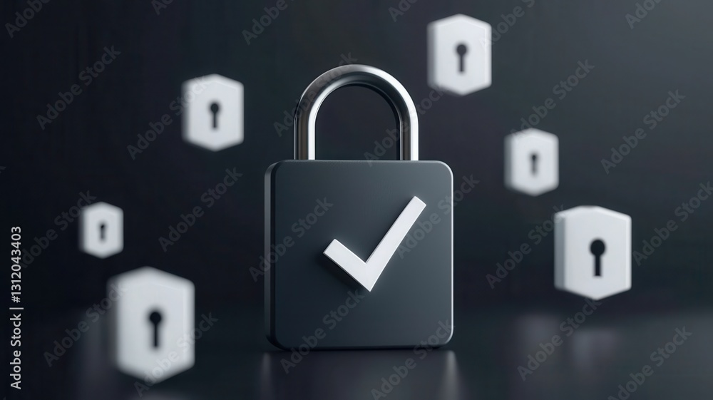 Poster endpoint cyber security defense. digital padlock symbolizing security with floating icons in a moder