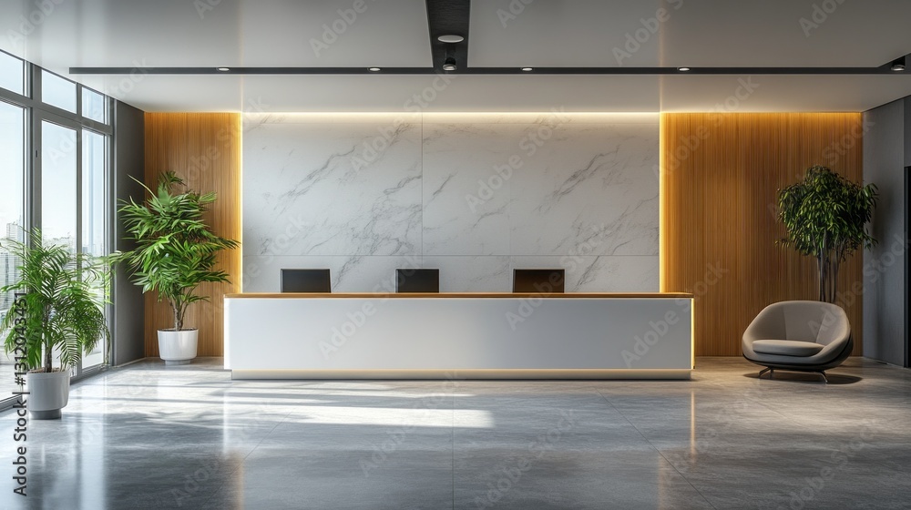 Poster a stylish reception space showcases polished surfaces and a minimalist design. large windows invite 