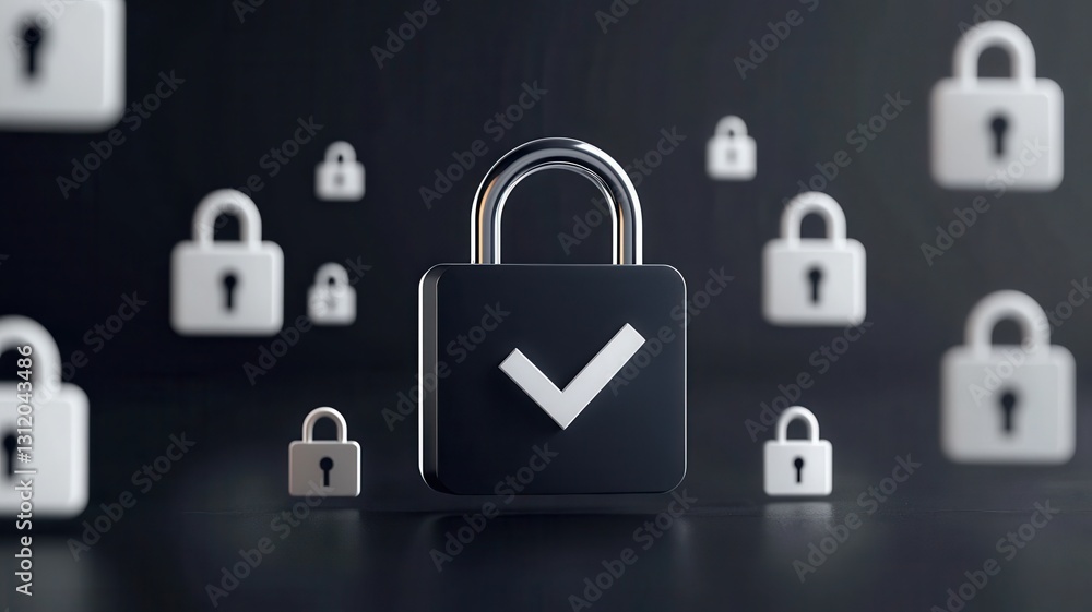 Poster endpoint cyber security defense. digital padlock with a check mark surrounded by floating locks, sym