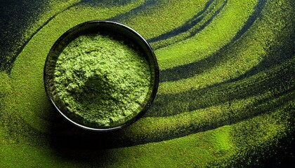 A close-up of a perfectly arranged matcha powder in a delicate