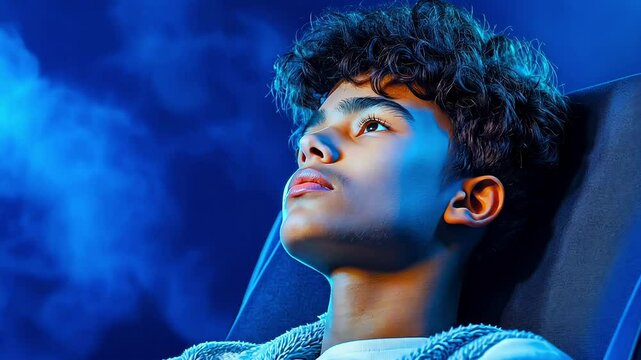 Pensive young man looking upwards, surrounded by blue smoke, in a relaxed pose