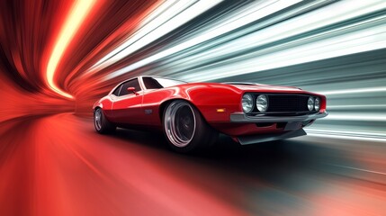 Muscle car passing through a tunnel at high speed, motion blur intensifying the sense of velocity 